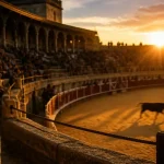Arene de Beaucaire : Arènes Paul Laurent, piste et gradins au coucher du soleil
