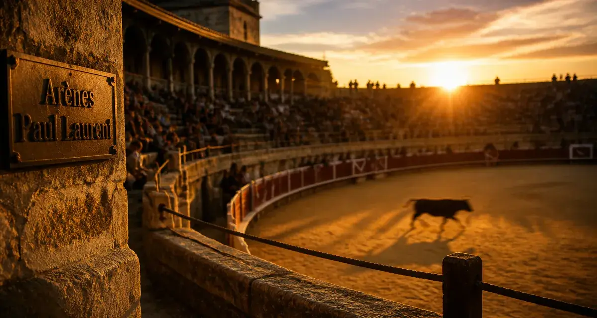 Arene de Beaucaire : Arènes Paul Laurent, piste et gradins au coucher du soleil