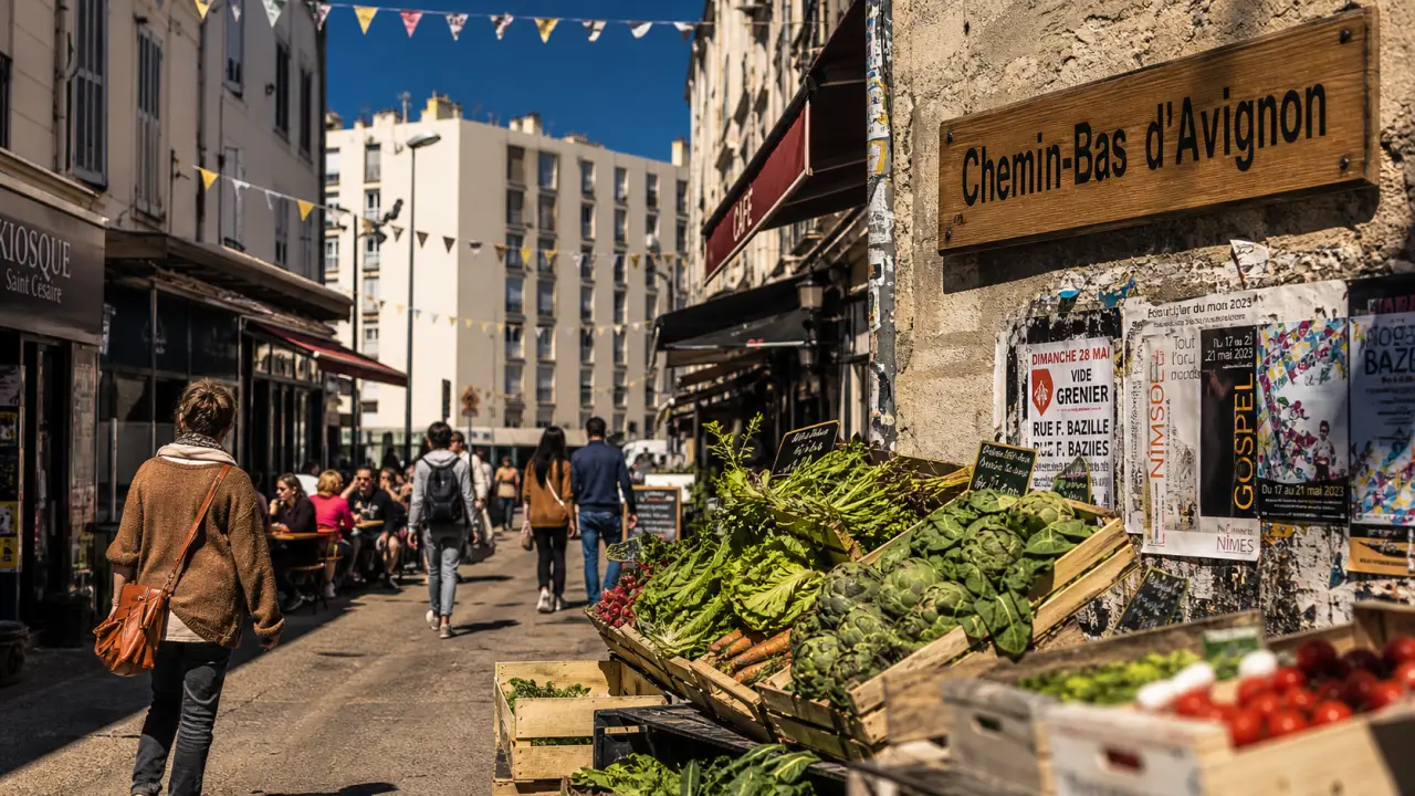 Chemin bas nimes : marché du mardi animé près de la Place du Professeur Pierre-Daudet