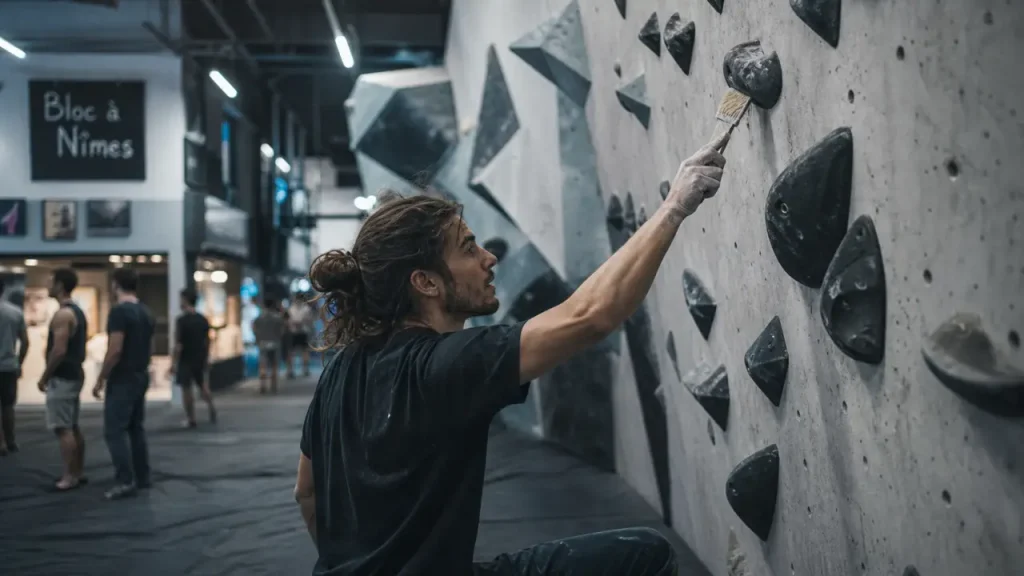 Escalade Nîmes en salle de bloc, grimpeur sur prises verticales