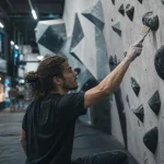 Escalade Nîmes en salle de bloc, grimpeur sur prises verticales