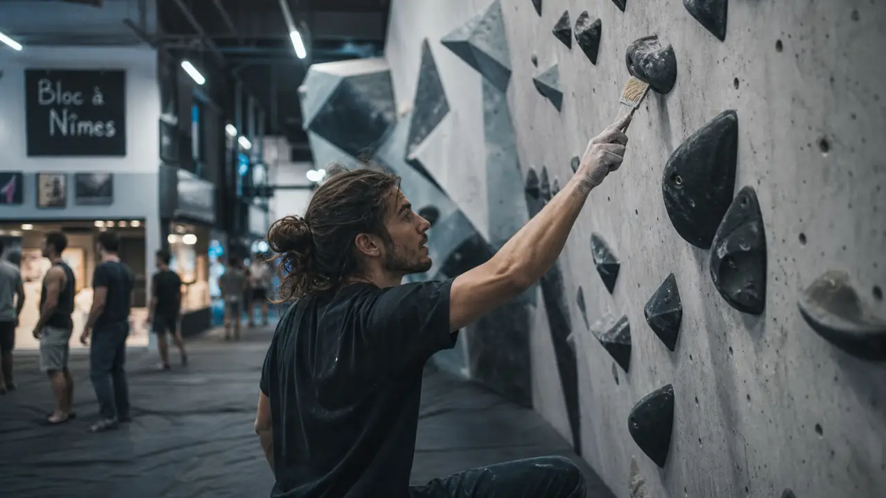Escalade Nîmes en salle de bloc, grimpeur sur prises verticales