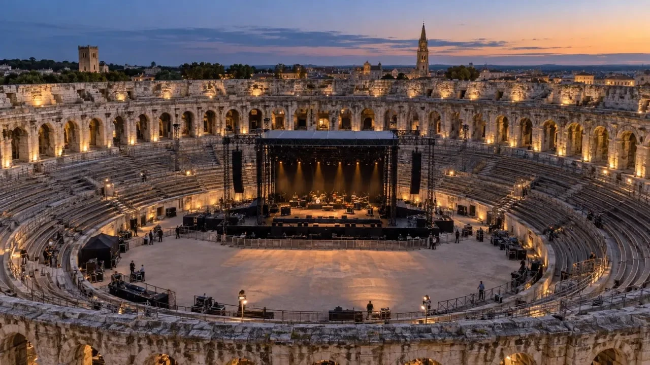 Programme arènes de Nîmes : vue des Arènes illuminées avant un concert