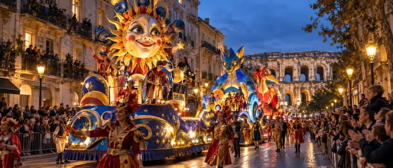 Pégoulade Nîmes 2026, défilé de chars et de figurants costumés dans les boulevards du centre-ville
