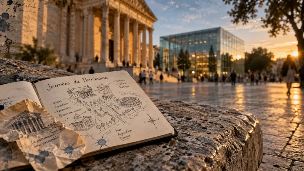 Journée du patrimoine nîmes : plan et visiteurs devant le patrimoine