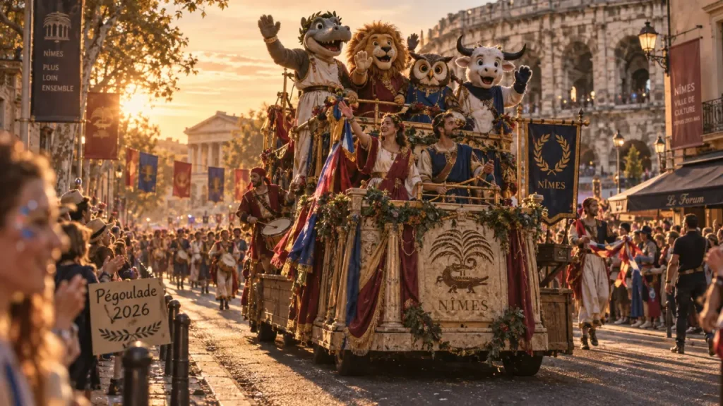 pegoulade nimes 2026 : char BD festif à Nîmes, figurants et mascottes