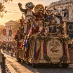 pegoulade nimes 2026 : char BD festif à Nîmes, figurants et mascottes