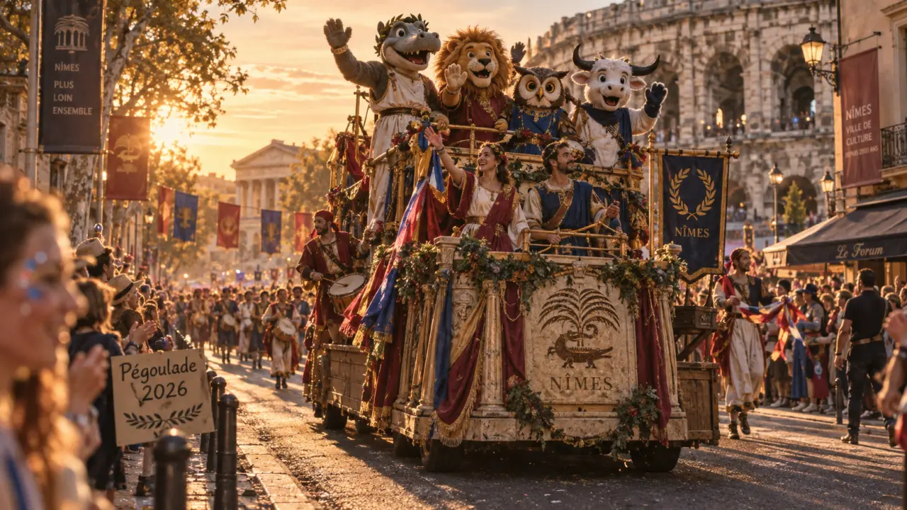 pegoulade nimes 2026 : char BD festif à Nîmes, figurants et mascottes