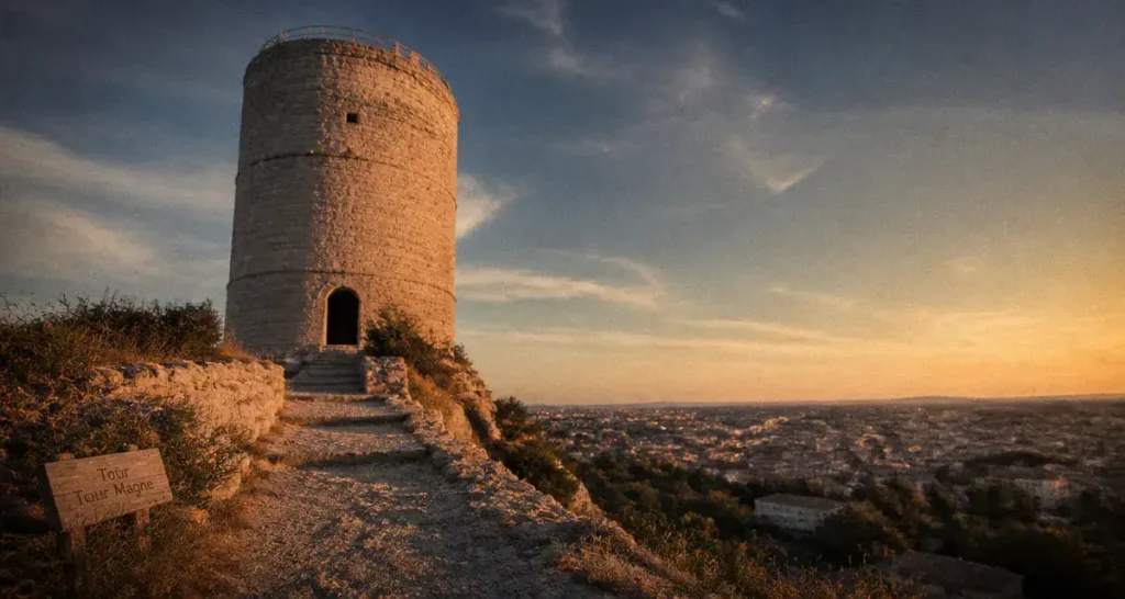 Tour magne nimes, vue depuis le Mont Cavalier vers Nîmes et les Jardins de la Fontaine