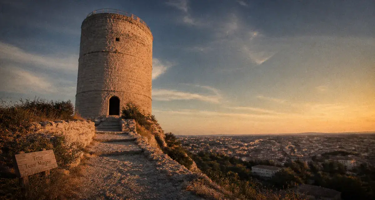 Tour magne nimes, vue depuis le Mont Cavalier vers Nîmes et les Jardins de la Fontaine
